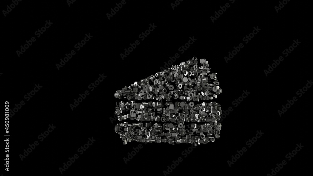 Poster 3d rendering mechanical parts in shape of symbol of cake isolated on black background