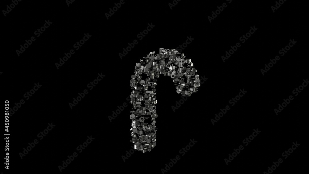Poster 3d rendering mechanical parts in shape of symbol of candy isolated on black background