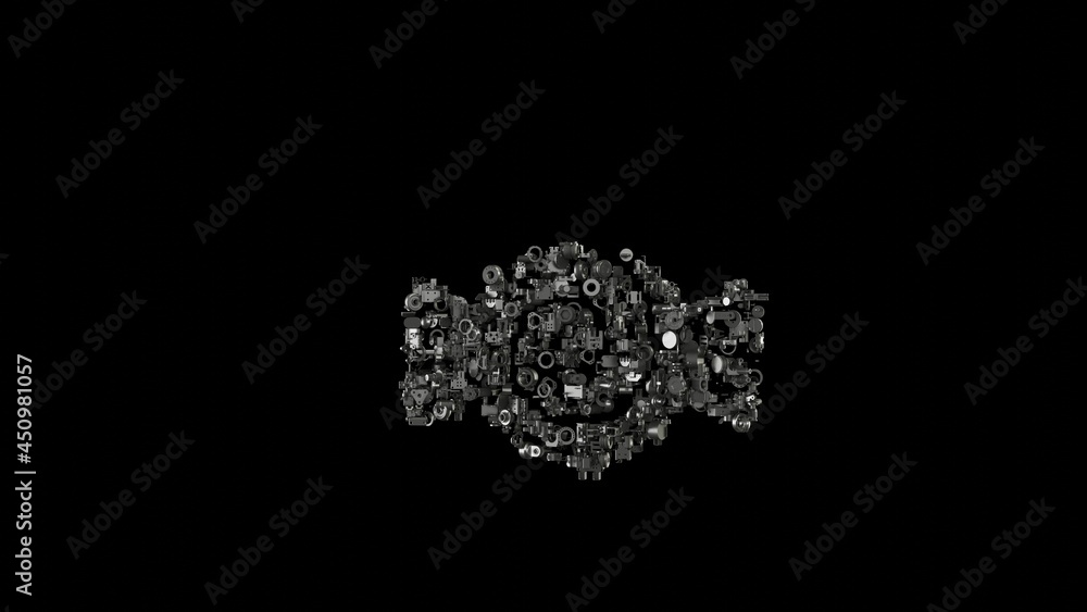 Poster 3d rendering mechanical parts in shape of symbol of candy isolated on black background