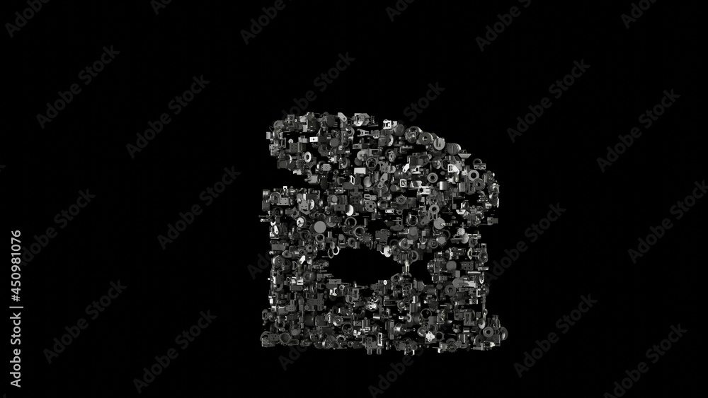 Poster 3d rendering mechanical parts in shape of symbol of can fish isolated on black background