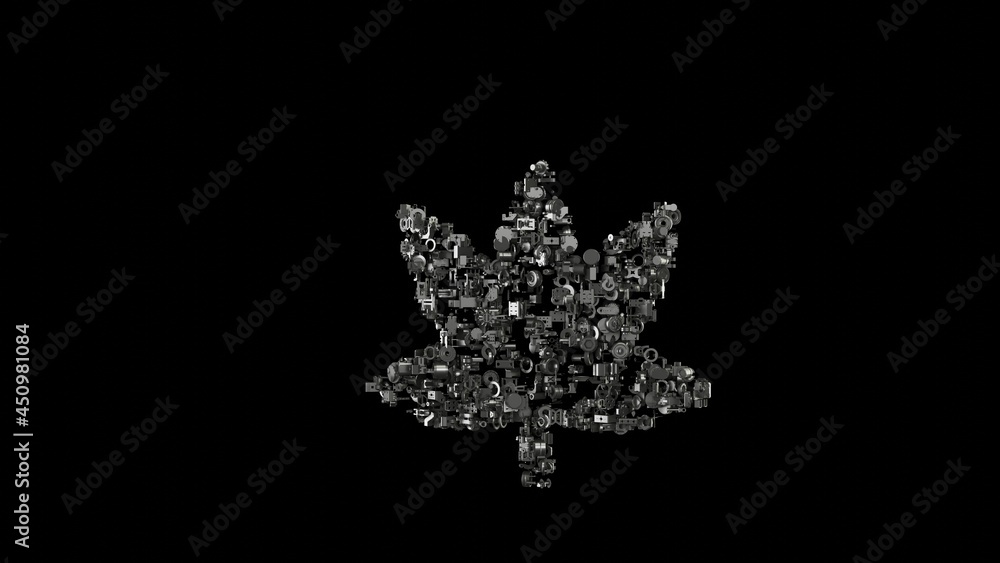 Poster 3d rendering mechanical parts in shape of symbol of cannabis isolated on black background