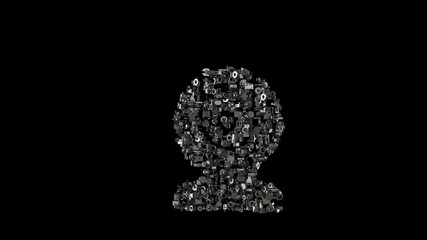3d rendering mechanical parts in shape of symbol of camera computer isolated on black background