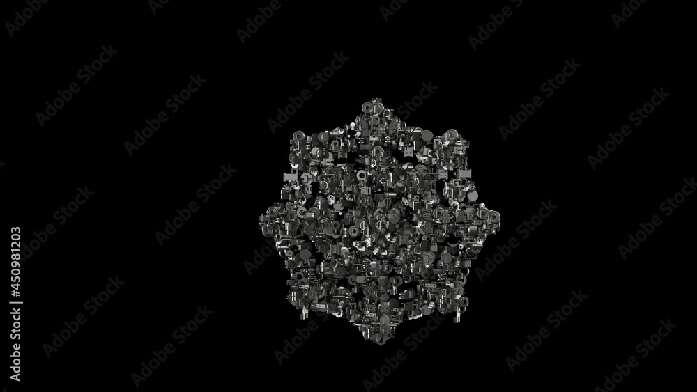 Poster 3d rendering mechanical parts in shape of symbol of cobweb isolated on black background