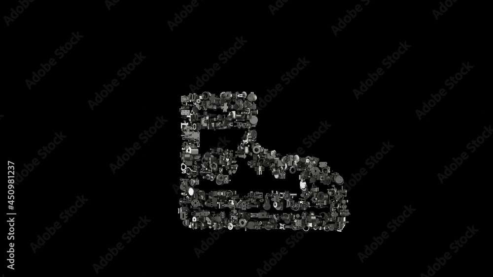 Poster 3d rendering mechanical parts in shape of symbol of converse shoe isolated on black background