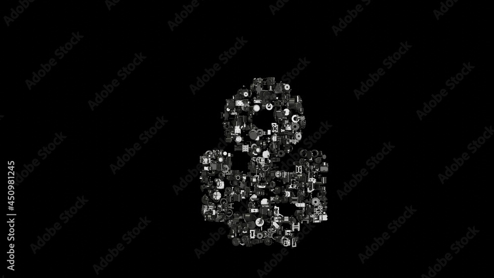 Poster 3d rendering mechanical parts in shape of symbol of copper isolated on black background