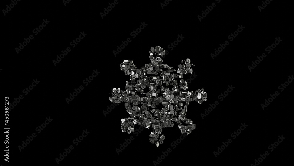 Poster 3d rendering mechanical parts in shape of symbol of coronavirus isolated on black background
