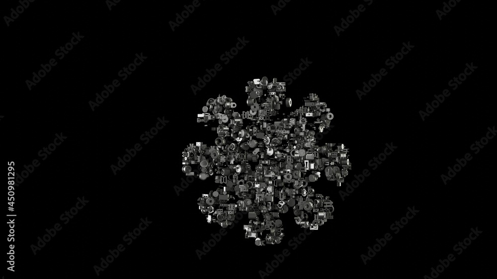 Poster 3d rendering mechanical parts in shape of symbol of coronavirus isolated on black background