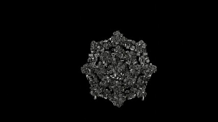 3d rendering mechanical parts in shape of symbol of cobweb isolated on black background