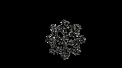 3d rendering mechanical parts in shape of symbol of corona isolated on black background