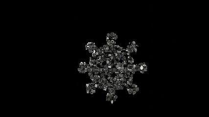 3d rendering mechanical parts in shape of symbol of coronavirus isolated on black background