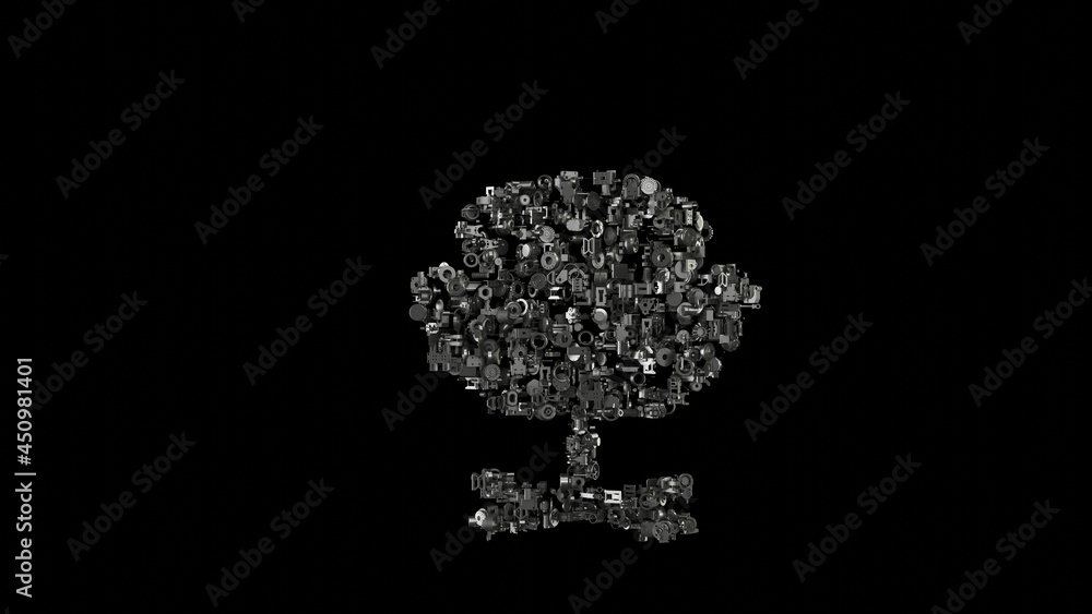 Poster 3d rendering mechanical parts in shape of symbol of design chair isolated on black background