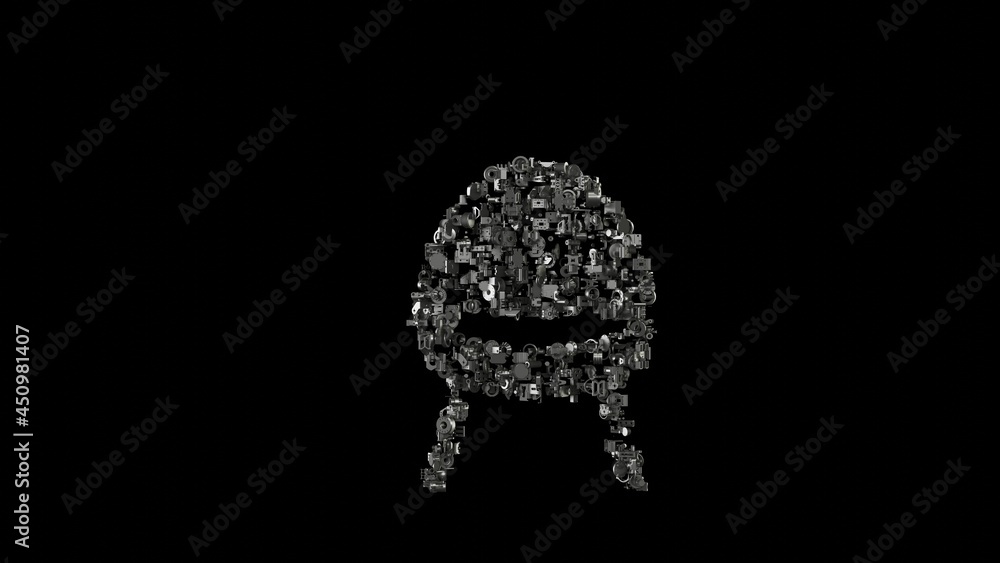 Poster 3d rendering mechanical parts in shape of symbol of design chair isolated on black background