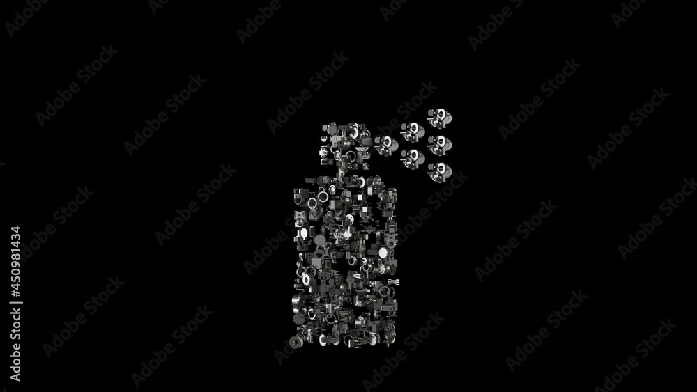 Poster 3d rendering mechanical parts in shape of symbol of disinfection spray isolated on black background