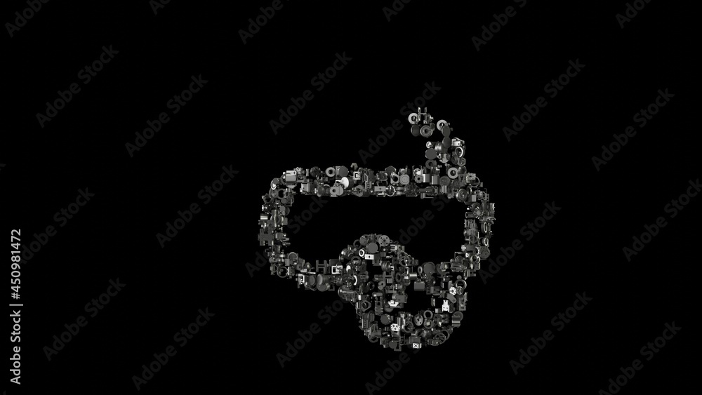 Poster 3d rendering mechanical parts in shape of symbol of diving goggles isolated on black background