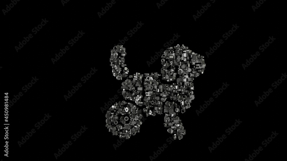 Poster 3d rendering mechanical parts in shape of symbol of dog isolated on black background