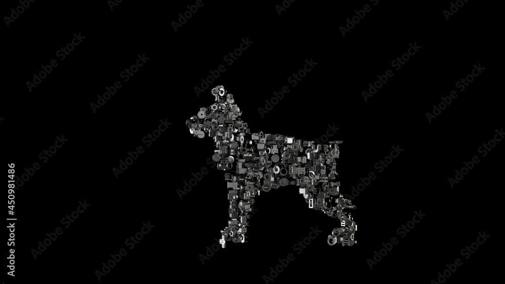 Poster 3d rendering mechanical parts in shape of symbol of dog isolated on black background