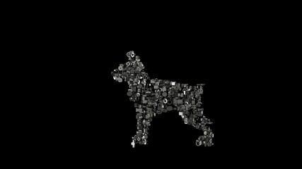 3d rendering mechanical parts in shape of symbol of dog isolated on black background