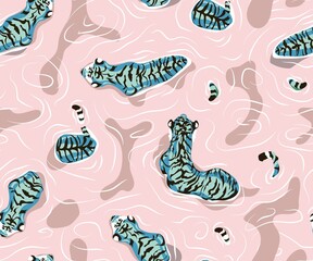 Tiger in the water. Seamless pattern with floating tiger, Big male tiger walks on the lake with a flock of tigers, pastel blue and pink shades