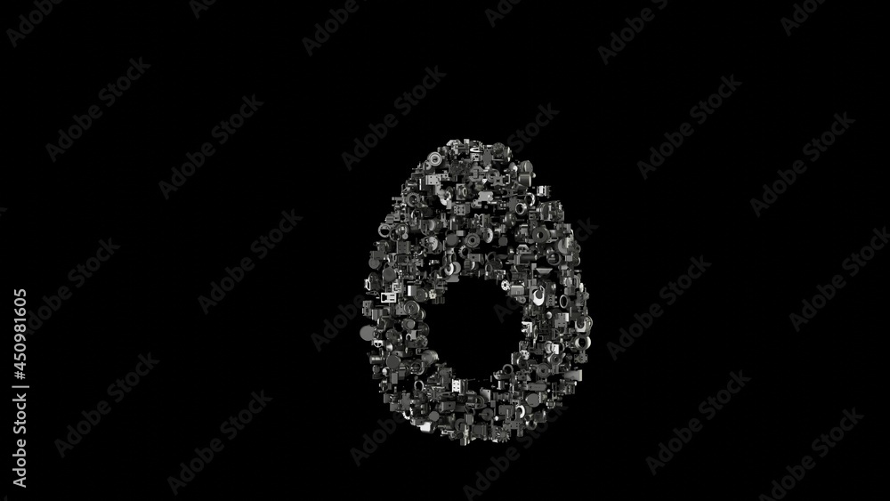 Poster 3d rendering mechanical parts in shape of symbol of egg isolated on black background