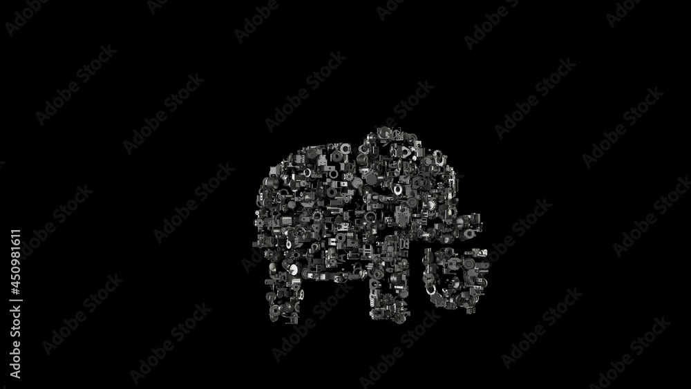 Poster 3d rendering mechanical parts in shape of symbol of elephant isolated on black background
