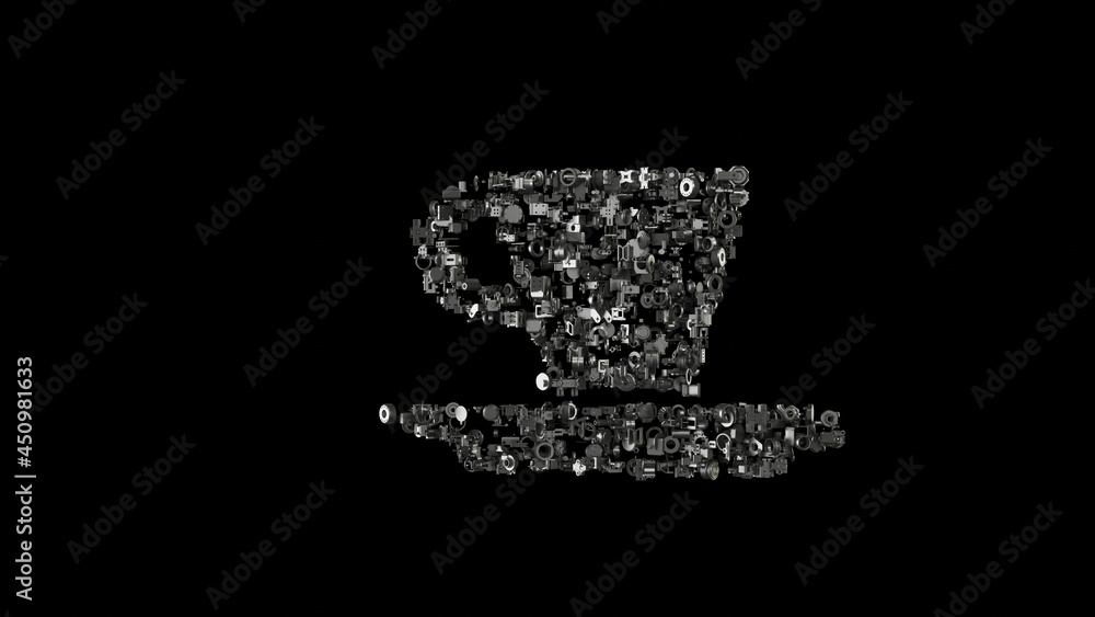 Poster 3d rendering mechanical parts in shape of symbol of espresso cup isolated on black background
