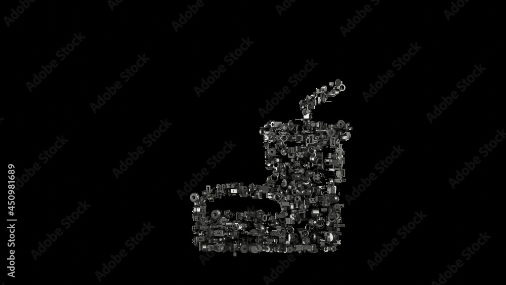 Poster 3d rendering mechanical parts in shape of symbol of fast food isolated on black background