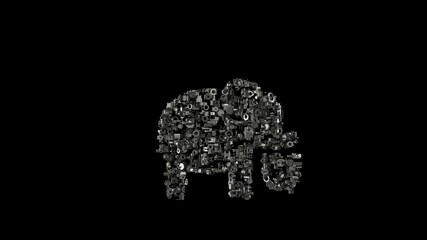 3d rendering mechanical parts in shape of symbol of elephant isolated on black background
