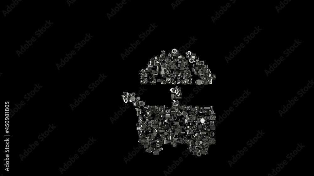 Poster 3d rendering mechanical parts in shape of symbol of food stall isolated on black background