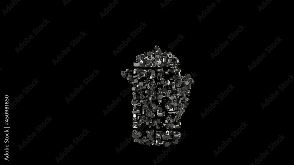Poster 3d rendering mechanical parts in shape of symbol of french press isolated on black background