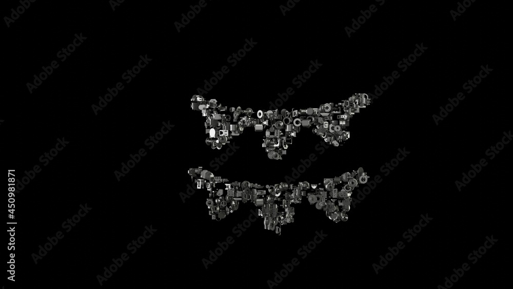 Poster 3d rendering mechanical parts in shape of symbol of garland isolated on black background