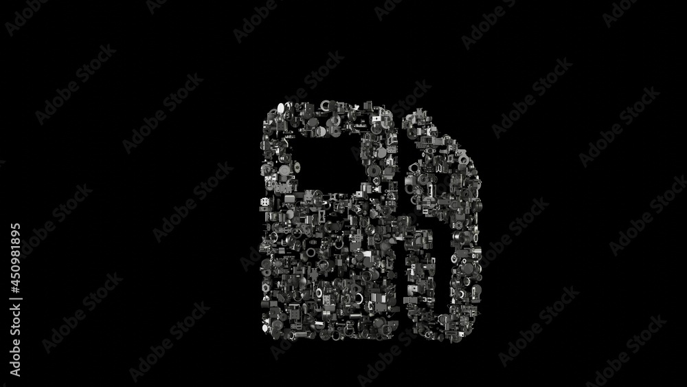 Poster 3d rendering mechanical parts in shape of symbol of gas station isolated on black background