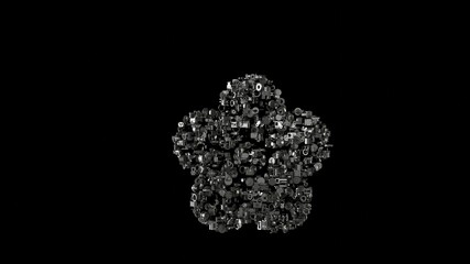 3d rendering mechanical parts in shape of symbol of flower isolated on black background