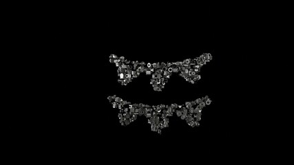 3d rendering mechanical parts in shape of symbol of garland isolated on black background
