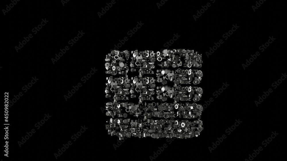 Poster 3d rendering mechanical parts in shape of symbol of greece isolated on black background