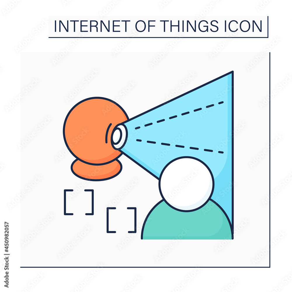 Poster smart cam color icon. security video camera with facial recognition system. digital smart technologi