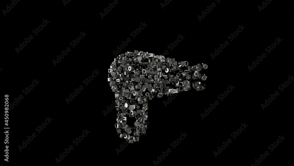 Poster 3d rendering mechanical parts in shape of symbol of hairdryer isolated on black background