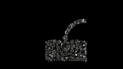 3d rendering mechanical parts in shape of symbol of hair isolated on black background