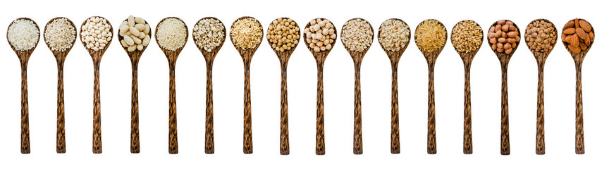 Collection of dry organic white and brown cereal and grain seed in wooden spoon isolated on white background. Concept of healthy or dieting food ingredient or agricultural product concept