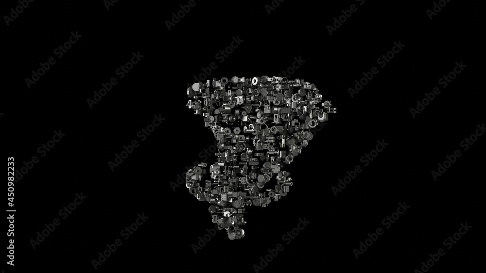 Poster 3d rendering mechanical parts in shape of symbol of hurricane isolated on black background