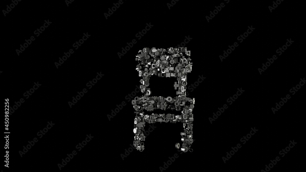 Poster 3d rendering mechanical parts in shape of symbol of chair isolated on black background