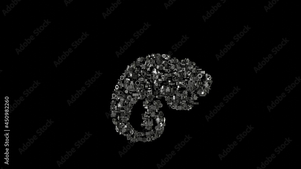 Poster 3d rendering mechanical parts in shape of symbol of chameleon isolated on black background