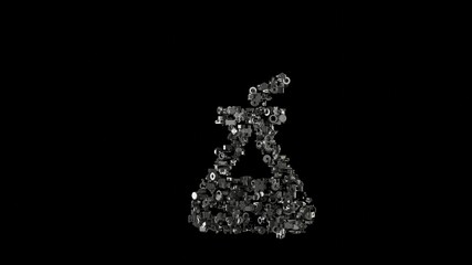 3d rendering mechanical parts in shape of symbol of chemical flask isolated on black background