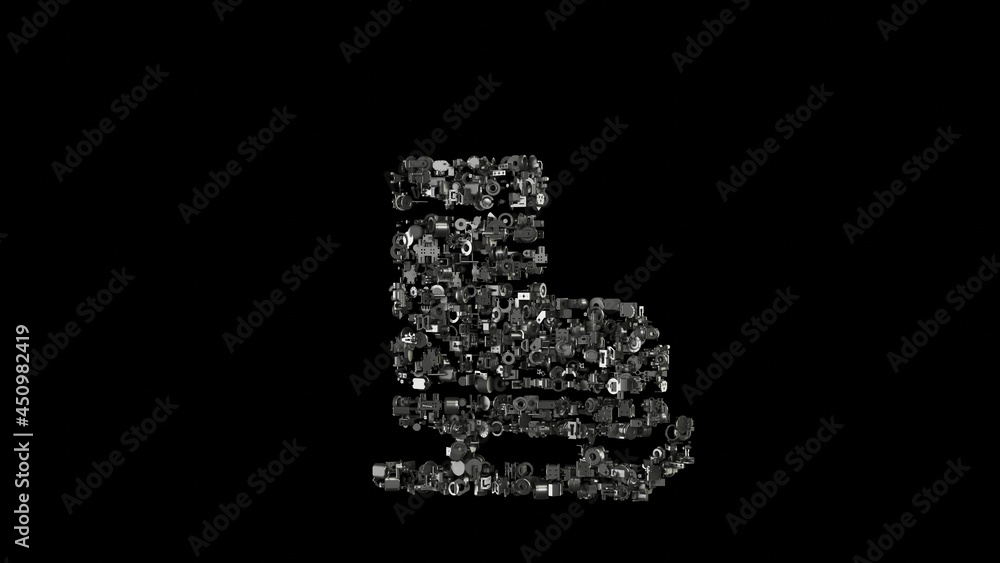 Poster 3d rendering mechanical parts in shape of symbol of ice skate shoes isolated on black background