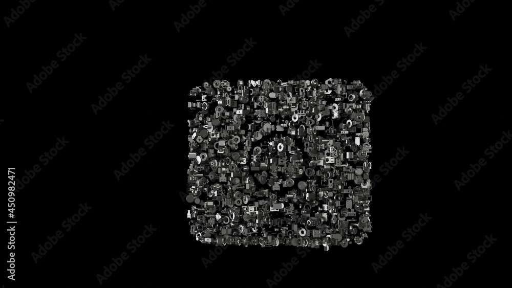 Poster 3d rendering mechanical parts in shape of symbol of japan isolated on black background