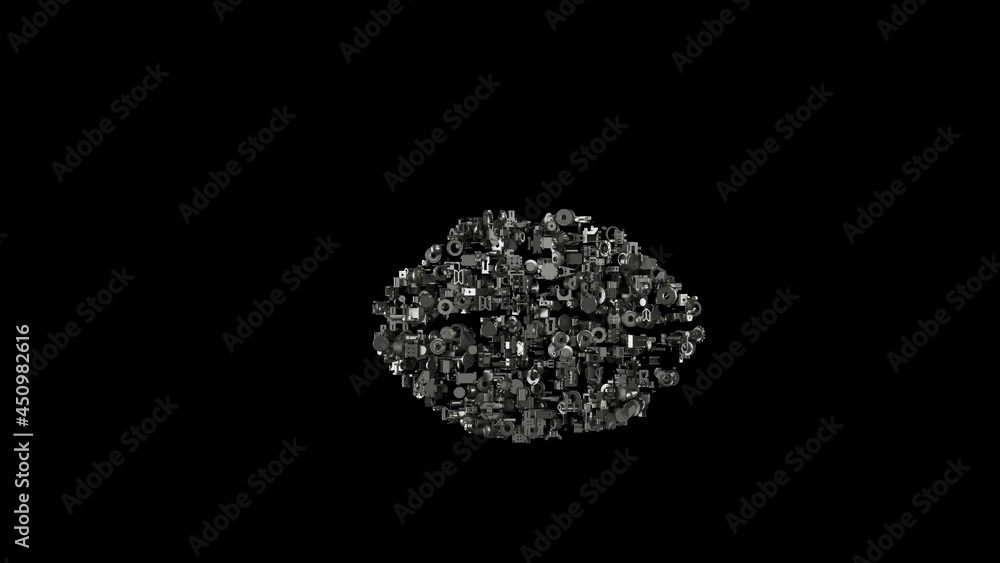Poster 3d rendering mechanical parts in shape of symbol of lips isolated on black background