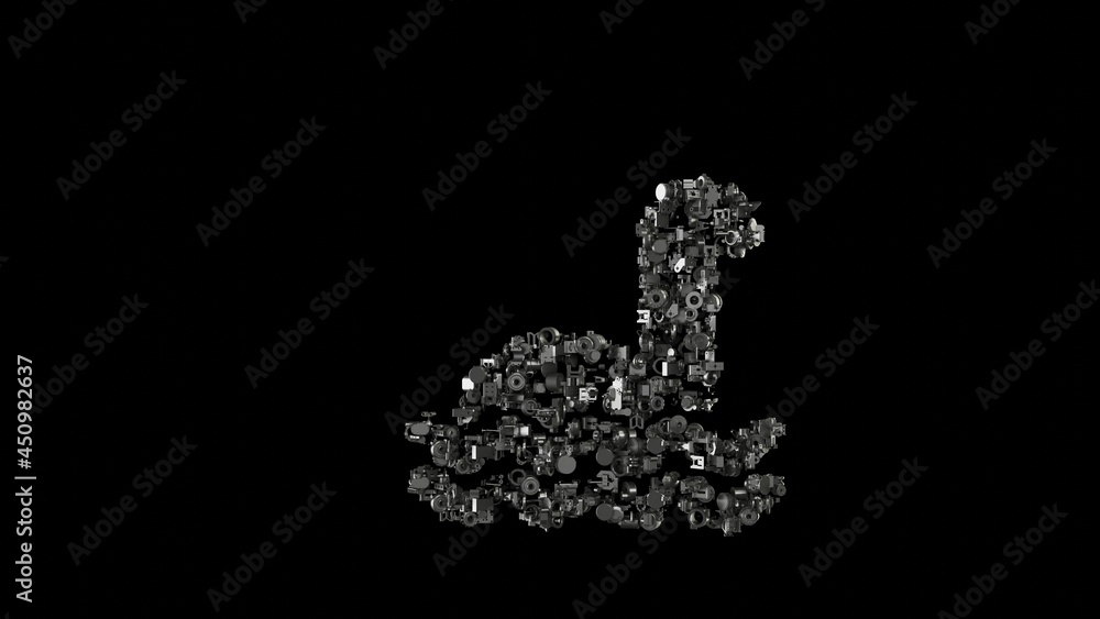 Poster 3d rendering mechanical parts in shape of symbol of loch ness monster isolated on black background