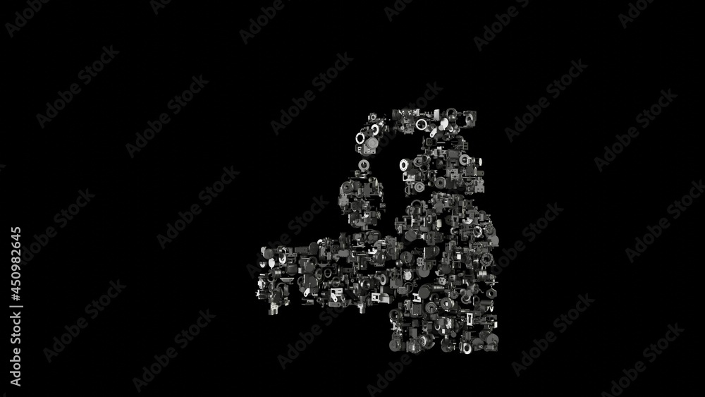 Poster 3d rendering mechanical parts in shape of symbol of lotion isolated on black background