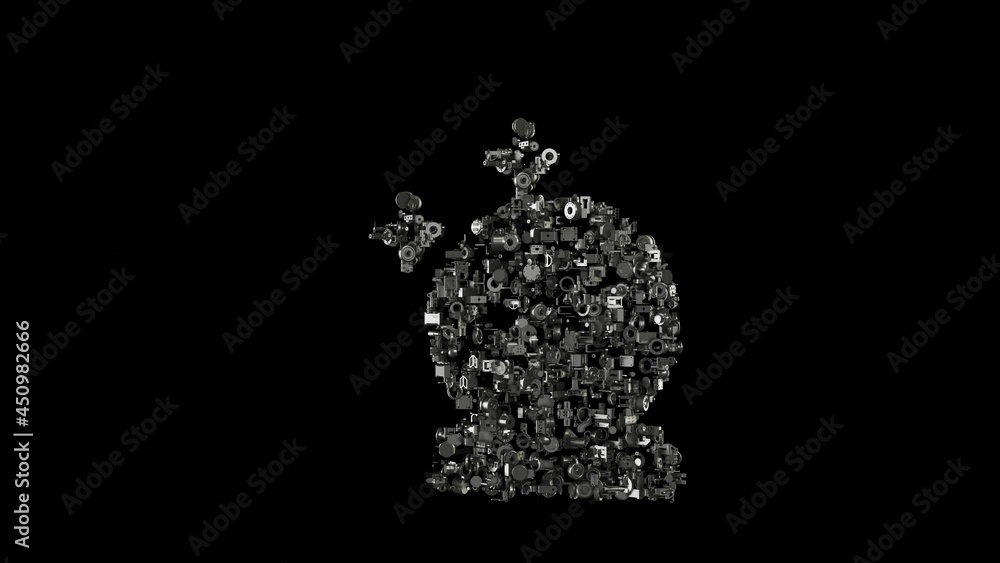 Poster 3d rendering mechanical parts in shape of symbol of magic ball isolated on black background