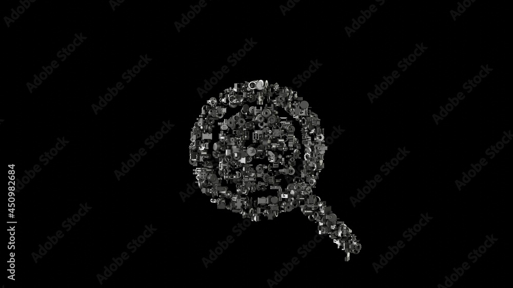 Poster 3d rendering mechanical parts in shape of symbol of magnifying glass with virus isolated on black ba