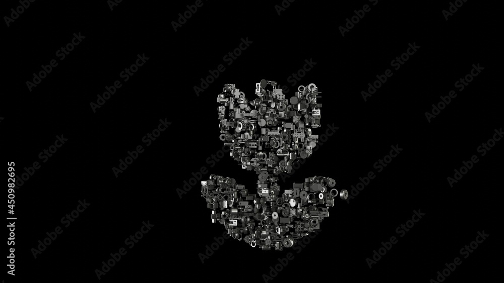 Poster 3d rendering mechanical parts in shape of symbol of makro or tulip isolated on black background